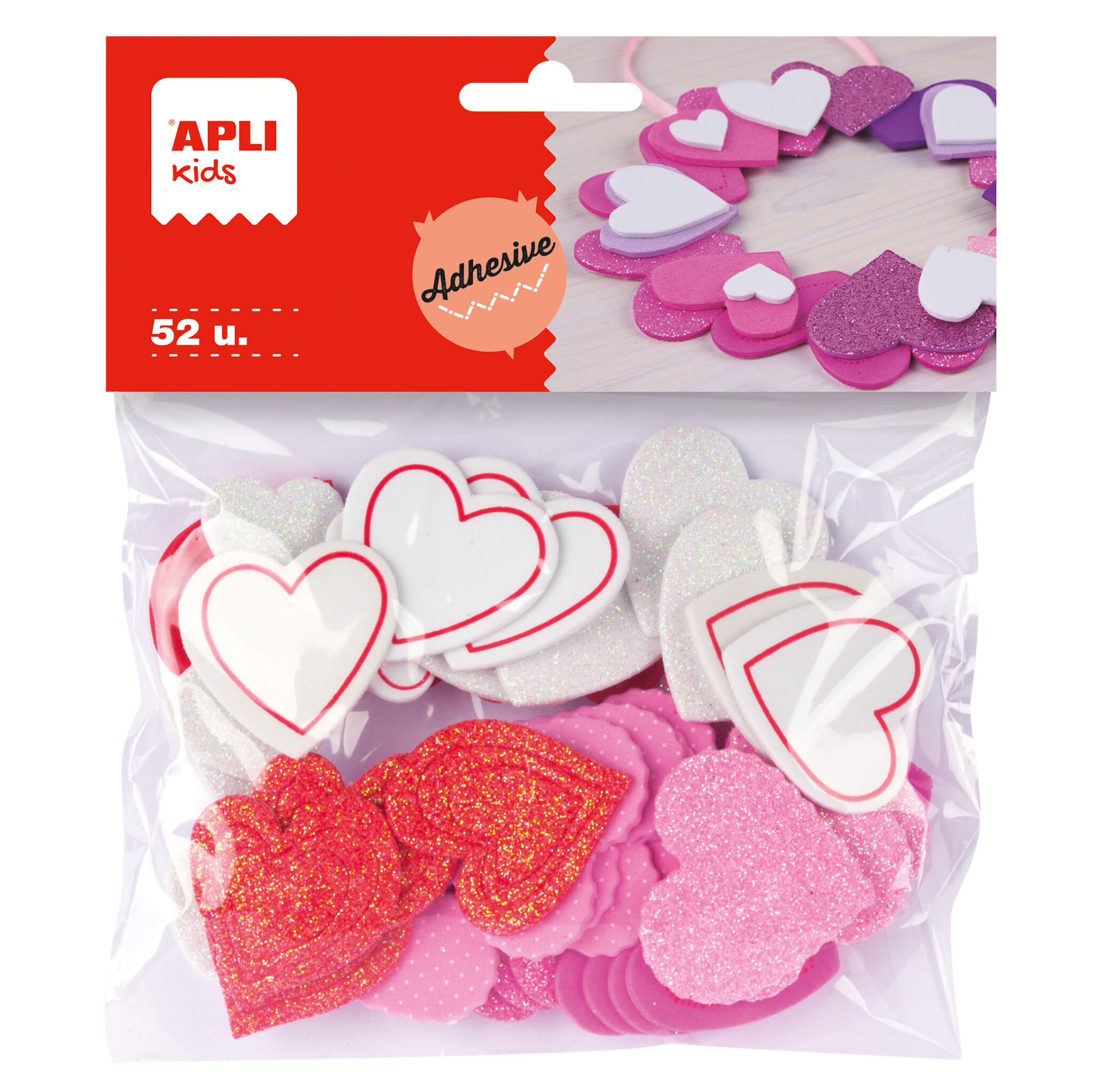 Adhesive EVA foam shapes glitter hearts 52 u. | APLI