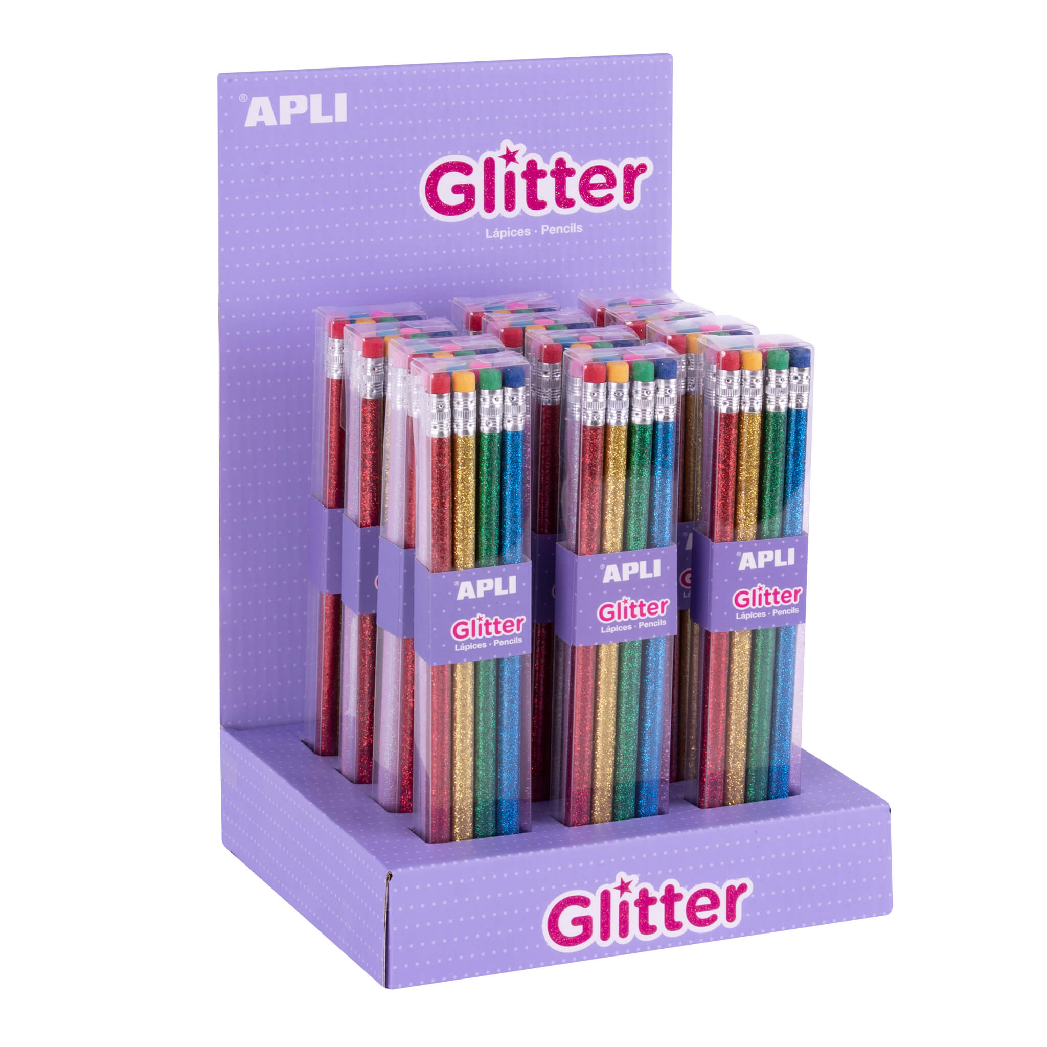 Display of packs of 8 pencils with glitter finish and eraser